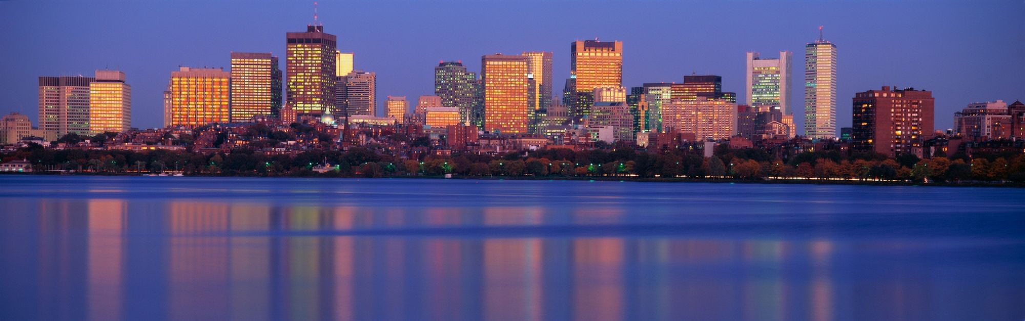 This is the State Capitol and skyline along the Charles River It is the view from Harvard Bridge at sunset Canvas Art - Panoramic Images (27 x 9)
