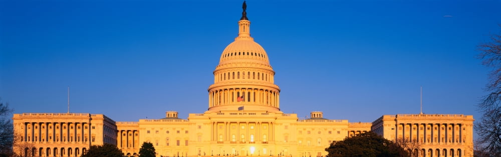 This is the US Capitol at sunset It is set against a blue sky Canvas Art - Panoramic Images (27 x 9)