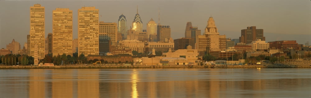 This is the skyline view from Camden New Jersey It shows sunrise on the river Canvas Art - Panoramic Images (36 x 12)
