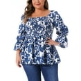 thumbnail image 1 of Agnes Orinda Women's Plus Size Floral Print Tops Smocked Peplum Blouses Square Neck Long Sleeve Casual Shirts 2X Blue, 1 of 6