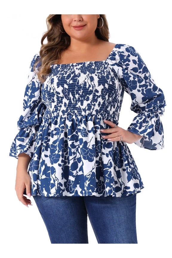 Women's Plus Size Floral Print Tops Smocked Peplum Blouses Square Neck Long Sleeve Casual Shirts 3X Blue