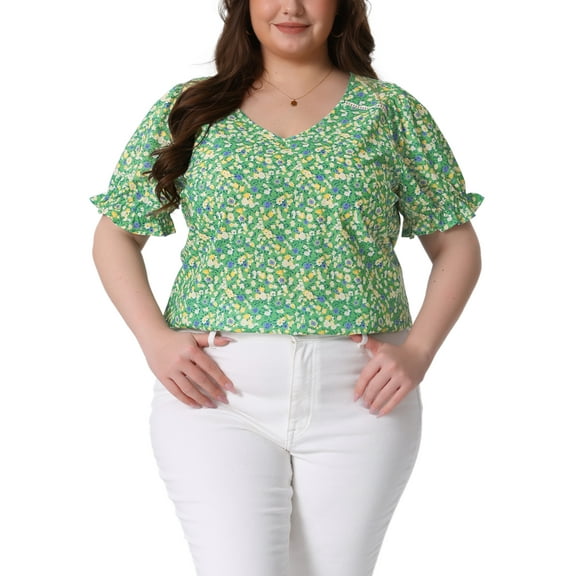 Agnes Orinda Women's Plus Size Floral Tops V Neck Ruffle Short Sleeve Casual Summer Blouses 3X Green Yellow