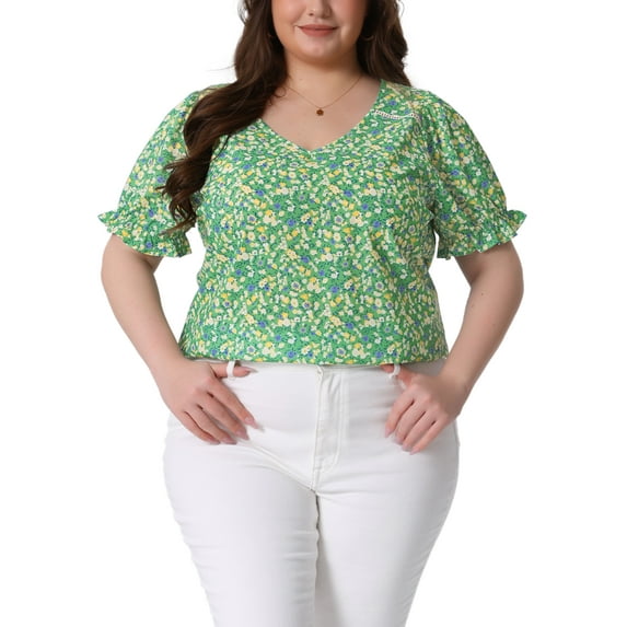 Agnes Orinda Women's Plus Size Floral Tops V Neck Ruffle Short Sleeve Casual Summer Blouses 4X Green Yellow