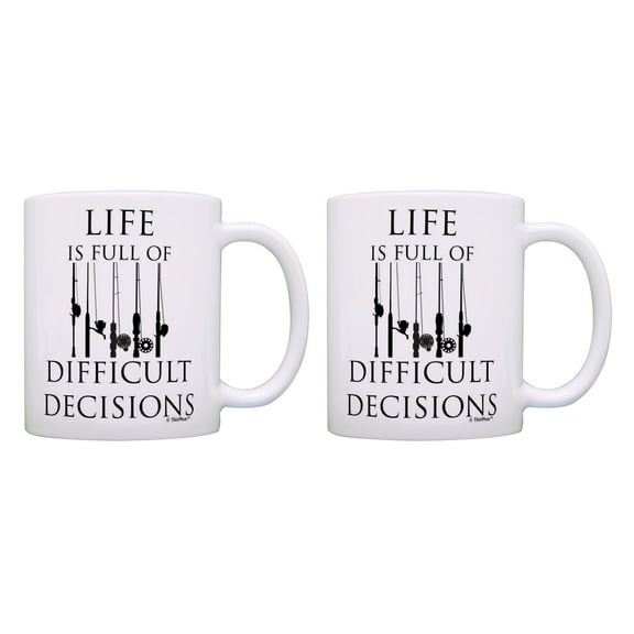 ThisWear Bass Fishing Mugs Difficult Decisions Fishing Pole Coffee Mug Set 11 ounce 2 Pack Coffee Mugs