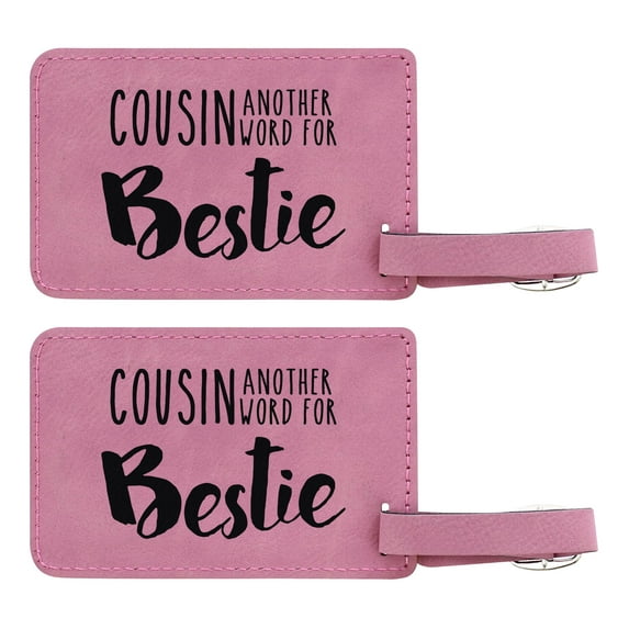 ThisWear Best Cousin Gifts for Cousin Another Word for Bestie 2-pack Laser Engraved Leatherette Luggage Tags Pink