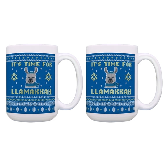 ThisWear Chanukah Gifts It's Time for Llamakkah Chanukah Mugs 2 Pack Gift 15oz Coffee Mugs Blue