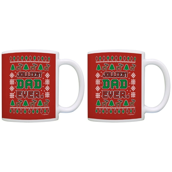 ThisWear Christmas Gifts for Dad Jolliest Dad Ever Funny Ugly Christmas Sweater Stocking Stuffer 11 ounce 2 Pack Coffee Mugs Red