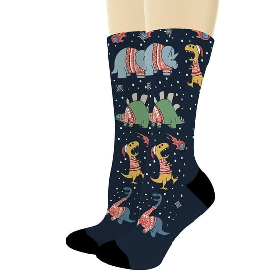 ThisWear Christmas Party Favors Dinosaurs in Ugly Sweaters Themed Holiday Gifts 1-Pair Novelty Crew Socks