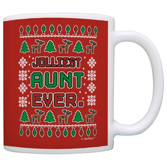 ThisWear Christmas for Aunt Jolliest Aunt Ever Funny Ugly Christmas Sweater Stocking Stuffer Coffee Mug Red
