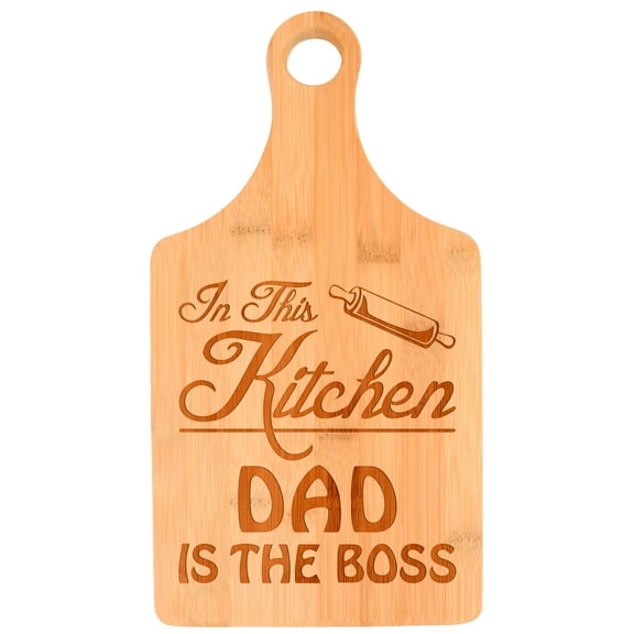 ThisWear Father's Day Gift for Dad in This Kitchen Dad is the Boss Funny Paddle Shaped Bamboo Cutting Board