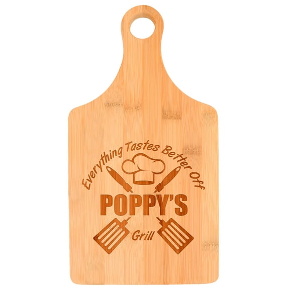ThisWear Father's Day Gifts for Poppy Everything Tastes Better Off Poppy's Grill Gifts for Grilling Gifts for Men Birthday Poppy Grandpa Gifts Paddle Shaped Bamboo Cutting Board