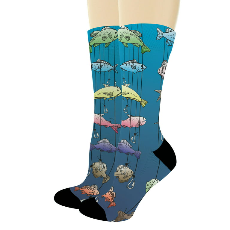 ThisWear Fishing Gifts for Men and Women Colorful Fishing Print Socks Fish  Hook 1-Pair Novelty Crew Socks 