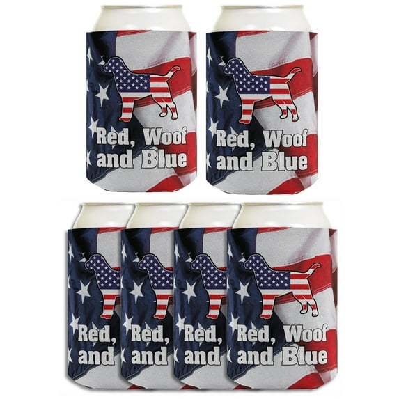 Funny Can Cooler Red Woof Blue Dog 4th of July Gift for Dog Lovers Patriotic Labrador Lab 6-Pack Can Drink Sleeves