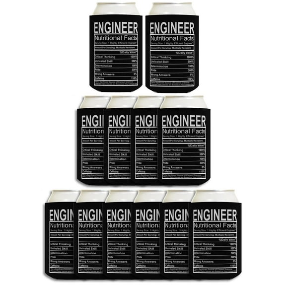 Funny Engineer Gifts Engineer Nutritional Facts Engineer Gag Gifts for Engineer Graduation Gifts 12 Pack Can Coolie Drink Coolers Coolies Black