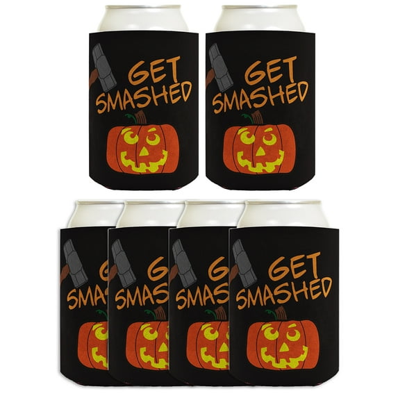 ThisWear Funny Halloween Beer Coolie Get Smashed Jack o Lantern Pumpkin Costume Accessory 6 Pack Can Coolie Drink Coolers Coolies Black