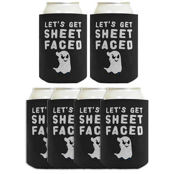 ThisWear Funny Halloween Beer Coolie Let's Get Sheet Faced Ghost Costume Accessory 6 Pack Can Coolie Drink Coolers Coolies Dark Grey