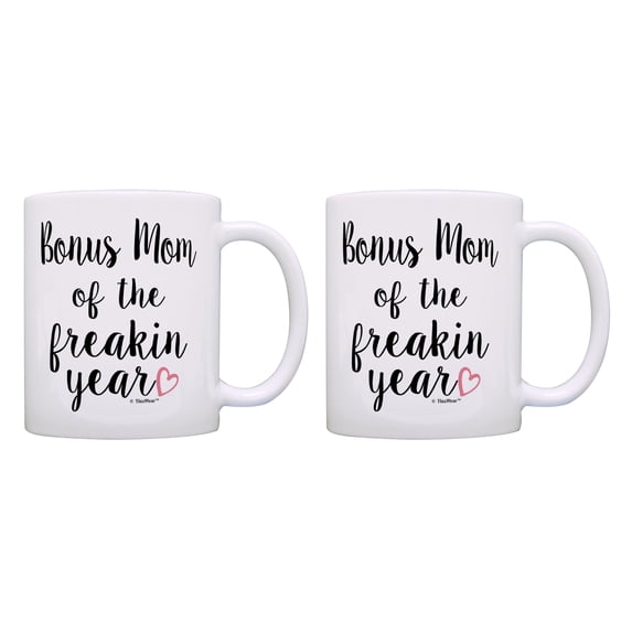ThisWear Godmom Stepmom Mug Set Step Mom of the Freakin Year Heart Mugs 11 ounce 2 Pack Coffee Mugs