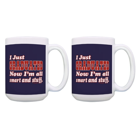 ThisWear Graduation Mug Set Just Graduated Now I'm All Smart and Stuff Grad 2 Pack 15oz Coffee Mugs Blue
