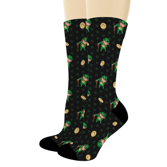 ThisWear Green Shamrock Socks Gold Leprechaun Coins Irish Dress Socks Lucky Socks 1-Pair Novelty Crew Socks