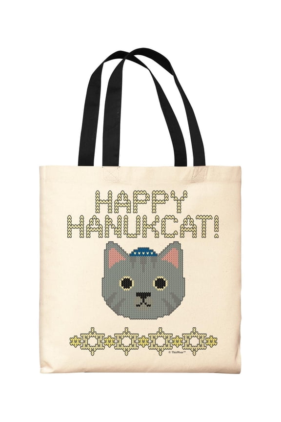 Hanukkah Decorations Hanukkah Happy Hanukcat Black Handle Canvas Tote Bag