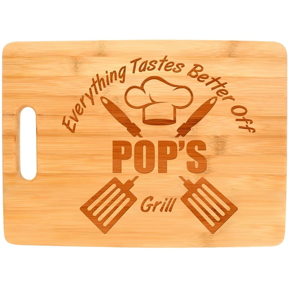 ThisWear Laser Engraved Cutting Board Everything Tastes Better Off Pop's Grill Gifts for Pops Grilling Gifts for Chefs Pop Birthday Gifts Big Rectangle Bamboo Cutting Board