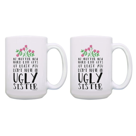 ThisWear Little Sister Gifts No Ugly Sister Coffee Mug Set 2 Pack Gift 15oz Coffee Mugs