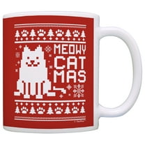 ThisWear Meowy Catmas Ugly Christmas Sweater Themed Yankee Swap White Elephant 11 ounce Coffee Mug Red