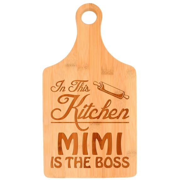 ThisWear Mother's Day Gift for Grandma in This Kitchen Mimi is the Boss Paddle Shaped Bamboo Cutting Board
