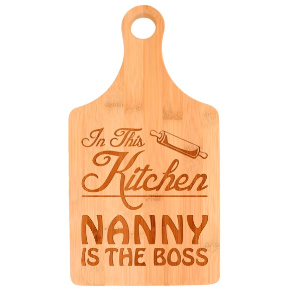 ThisWear Mother's Day Gift for Grandma in This Kitchen Nanny is the Boss Paddle Shaped Bamboo Cutting Board