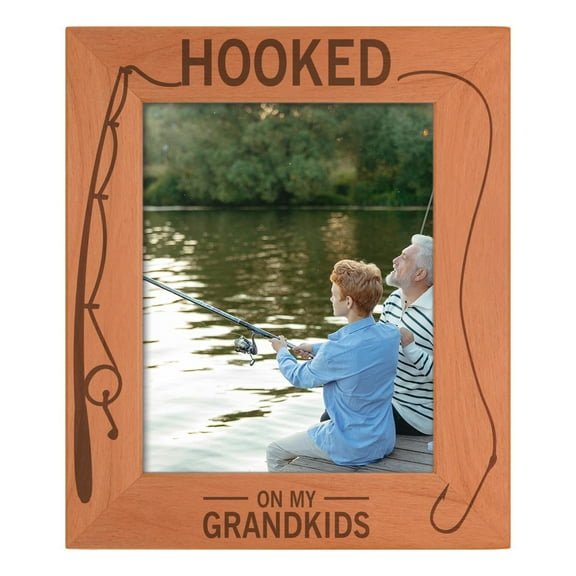 ThisWear Sentimental Frame For Grandpa From Grandchild Hooked On My Grandkids Wood Engraved 8x10 Portrait Picture Frame