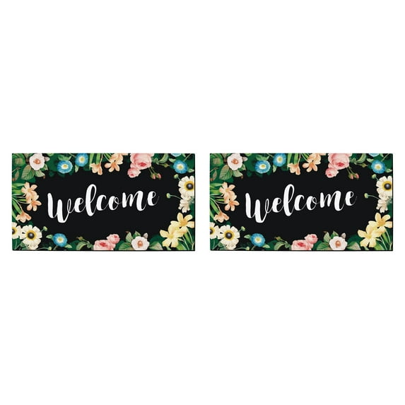 ThisWear Spring Welcome Mat Welcome Rubber Doormat Floral Decor for Apartment 2 Pack Doormats Black Floral
