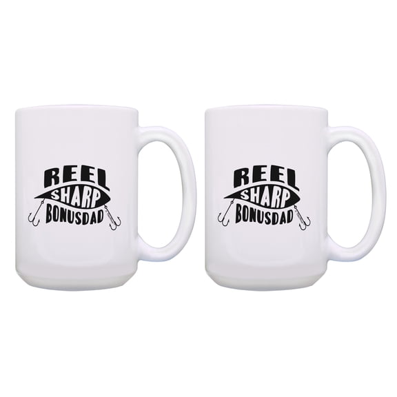 ThisWear Step Dad Gifts From Stepdaughter Reel Sharp Step Dad Fishing Lure Pun 2 Pack Ceramic 15oz Coffee Mug Set Bonus Dad