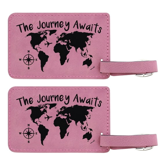 ThisWear Travel Gifts The Journey Awaits Map Luggage Tag 2-pack Laser Engraved Leatherette Luggage Tags Pink