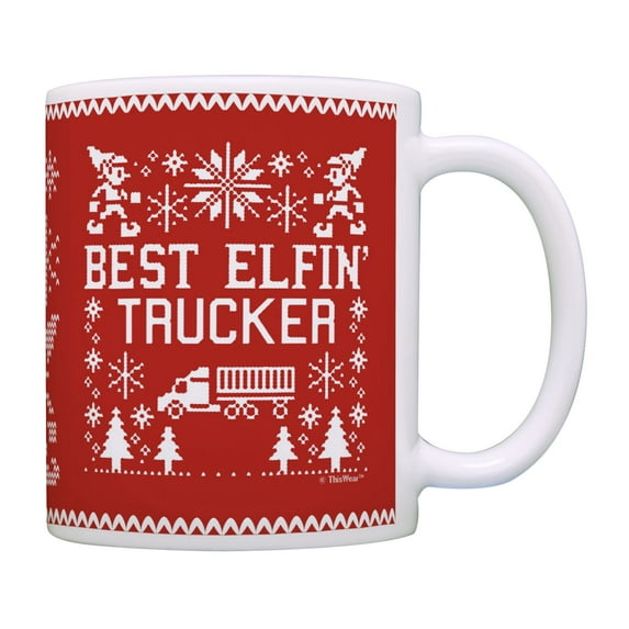 ThisWear Trucker Christmas Mugs Best Elfin Trucker Ever Holiday Gifts for Trucker Coffee Mug Red