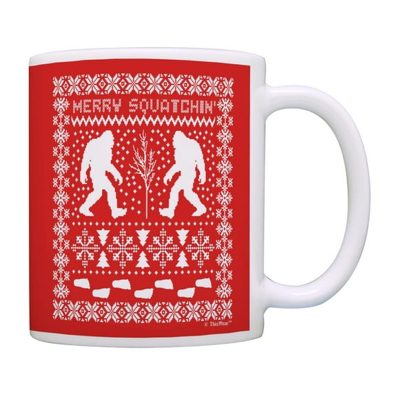 ThisWear Ugly Sweater Print Merry Squatchin Stocking Stuffer Sasquatch 11 ounce Coffee Mug Xmas