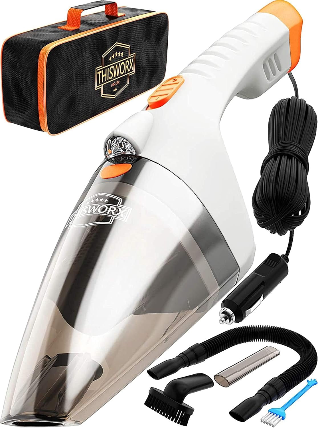 ThisWorx Car Vacuum Cleaner 2.0 - Upgraded w/Built-in LED Light, Double HEPA Filter, 110W High Power Suction, Flexible Nozzle. Includes 3 Attachments