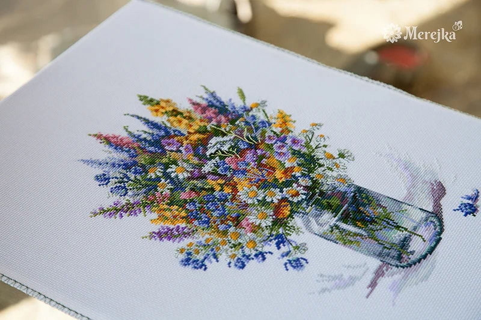Thistle Bouquet, Merejka Counted Cross-Stitch Kit, Canvas & DMC Threads, 34 Pieces