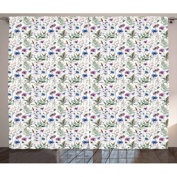 Ambesonne Thistle Curtains 2 Panel Set, Watercolor Wildflowers, 108" x 63", Multicolor