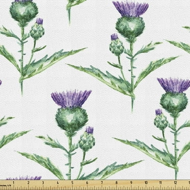 Ambesonne Thistle Fabric by the Yard Upholstery, Botanical Print Plant, 5 Yards, Jade Green Off White