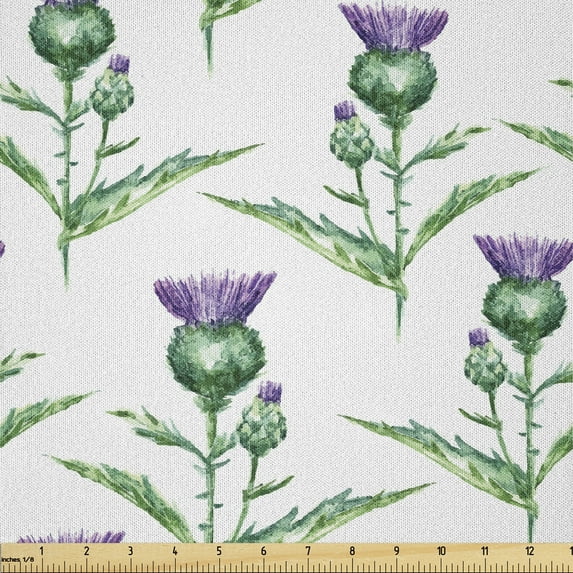 Thistle Fabric by The Yard, Hand-Drawn Watercolor Effect Botanical Print of Milk Thistle Plant, Microfiber Fabric for Arts and Crafts Textiles & Decor, 3 Yards, Jade Green, by Ambesonne