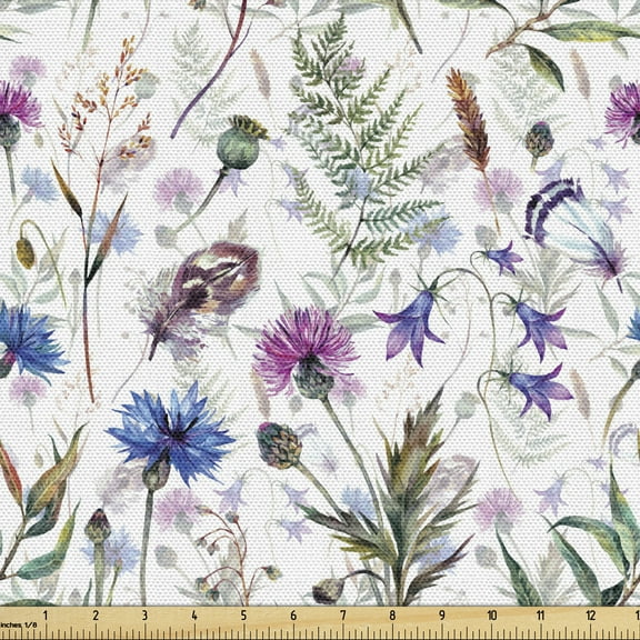 Ambesonne Thistle Fabric by the Yard Upholstery, Watercolor Wildflowers, 3 Yards, Multicolor