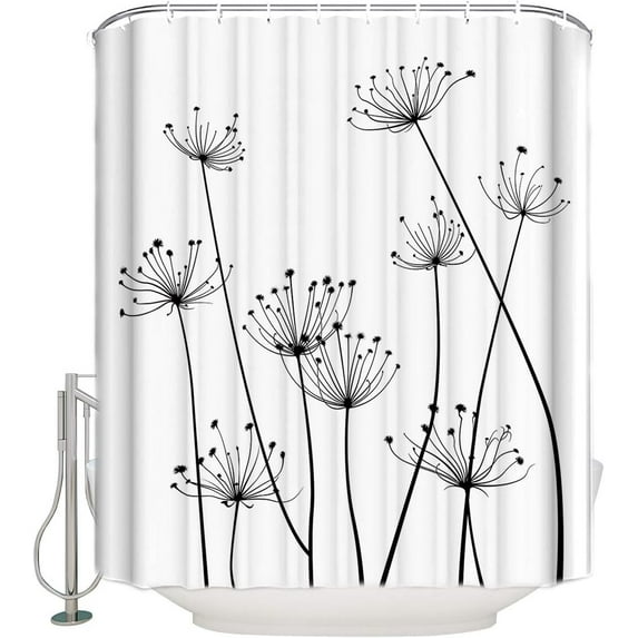 Thistle Flower Dandelion Fabric Shower Curtains for Bathroom, Waterproof Washable Bathroom Shower Curtain Set with 12 Hooks, Black White, Extra Long 72x96inch