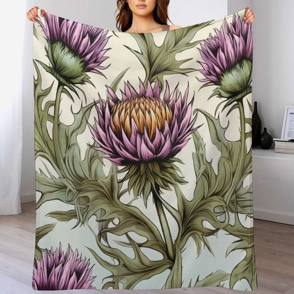 Thistle Flower Throw Blanket Gifts for Women 60"x80" Purple Scottish Milk Thistle Flower Lightweight Throw Blanket for Women Men Flannel Couch Blanket