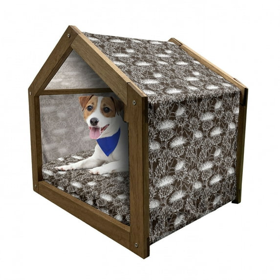 Thistle Pet House, Monochrome Pattern of Scottish Thistle Motifs as Overlapped Silhouette, Outdoor & Indoor Portable Dog Kennel with Pillow and Cover, 5 Sizes, Brown and White, by Ambesonne