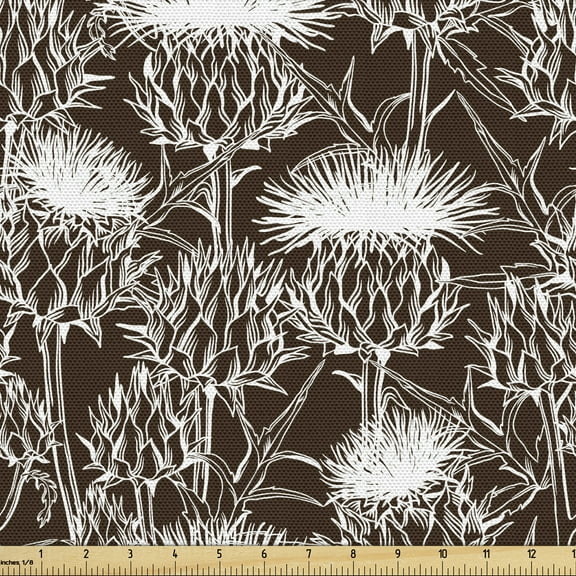 Ambesonne Thistle Fabric by the Yard Upholstery, Silhouette Flowers, 2 Yards, Brown and White