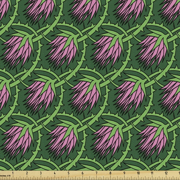 Ambesonne Thistle Fabric by the Yard Upholstery, Curvy Branches Petals, 2 Yards, Lime Green Fern Green