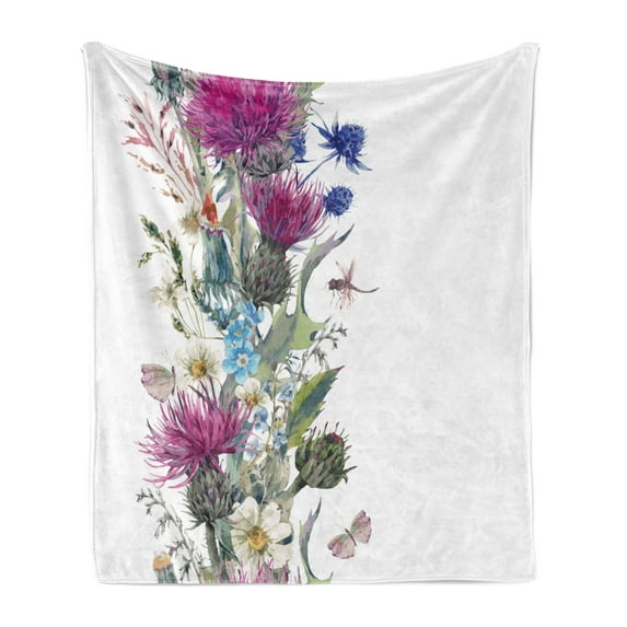 Thistle Soft Flannel Fleece Blanket, Vintage Vertical Herbal Border with Blooming Meadow Flowers Chamomile and Dragonfly, Cozy Plush for Indoor and Outdoor Use, 60" x 80", Multicolor, by Ambesonne