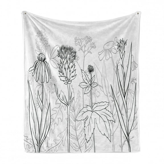Thistle Soft Flannel Fleece Throw Blanket, Botanical and Herbs Pattern as Silhouette Wildflowers Print, Cozy Plush for Indoor and Outdoor Use, 50" x 60", Pale Grey White, by Ambesonne