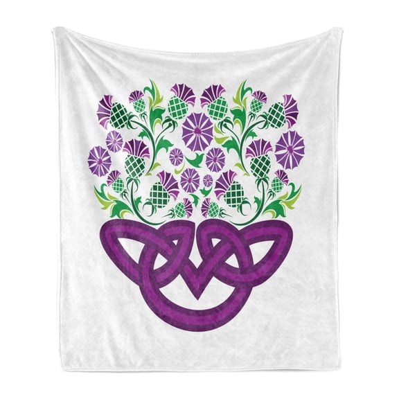 Thistle Soft Flannel Fleece Throw Blanket, Celtic Knot and Thistle Plant in Basket Form with Flowers, Cozy Plush for Indoor and Outdoor Use, 50" x 70", Shamrock Green Violet, by Ambesonne