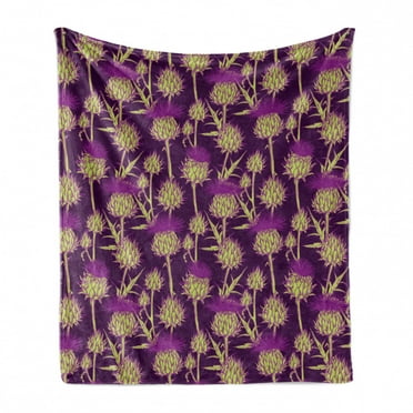 Thistle Soft Flannel Fleece Throw Blanket, Graphic Background with Vibrant Colored Scottish Thistles Pattern, Cozy Plush for Indoor and Outdoor Use, 50" x 60", Yellow Green and Purple, by Ambesonne